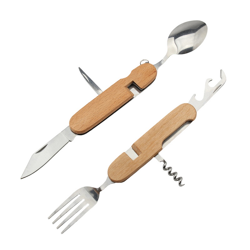 MT-1100 Stainless Steel Utility Camping Set Cutlery Wooden Handle Multi-Purpose Pocket Tableware