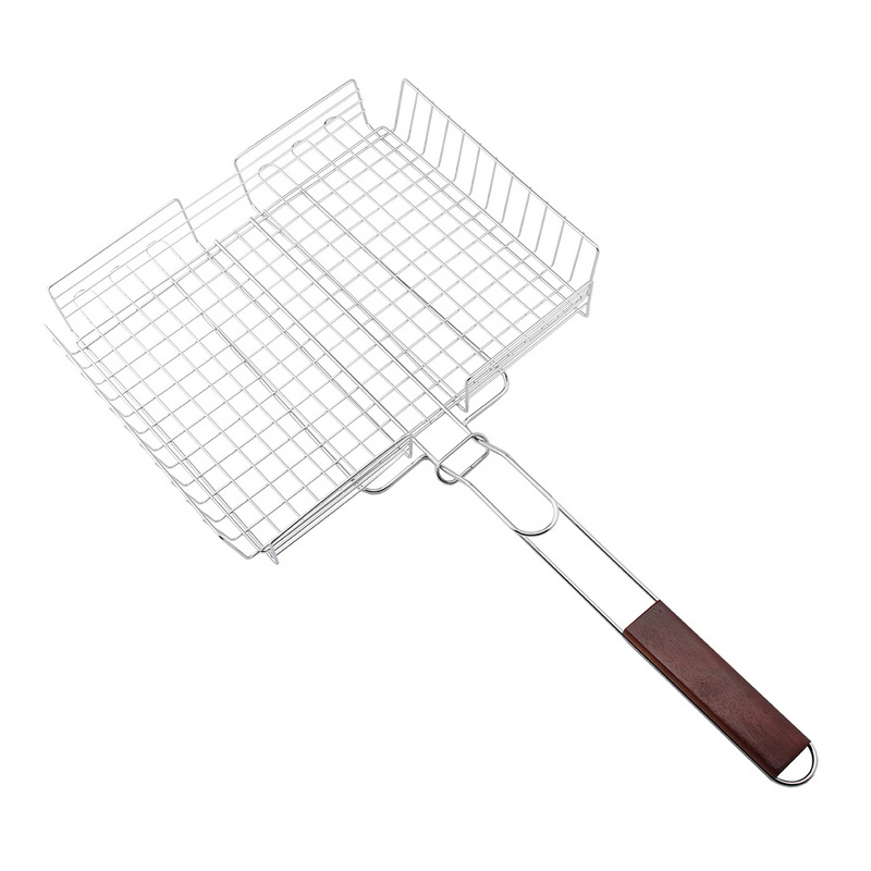 BQ-3023 Heavy Duty Iron Chrome Plated BBQ Grill Grids Heat Resistant Wooden Handle Grilling Tool