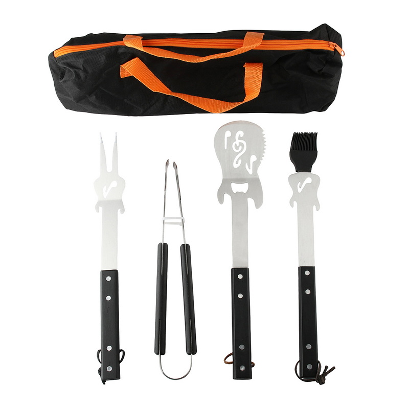 BS-3218 Custom Logo 4PCS Guitar Design BBQ Tools Kit Heavy Duty Stainless Steel Grill Utensil Set for Camping