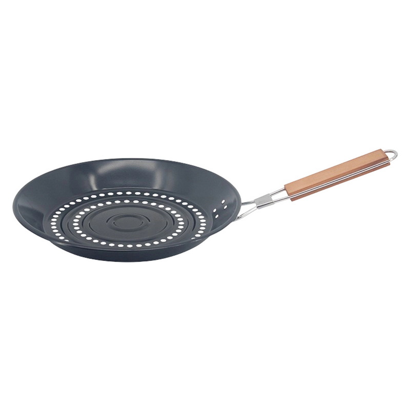 BT-5147 Wooden Handle Foldable Round Non-Stick Outdoor BBQ Grill Pan with Perforated Design