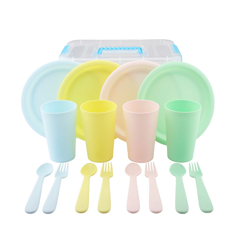 CT-8201 16PCS Macaron Pastel Plastic Dinnerware Set Reusable Cups Plates Forks Spoons for Camping