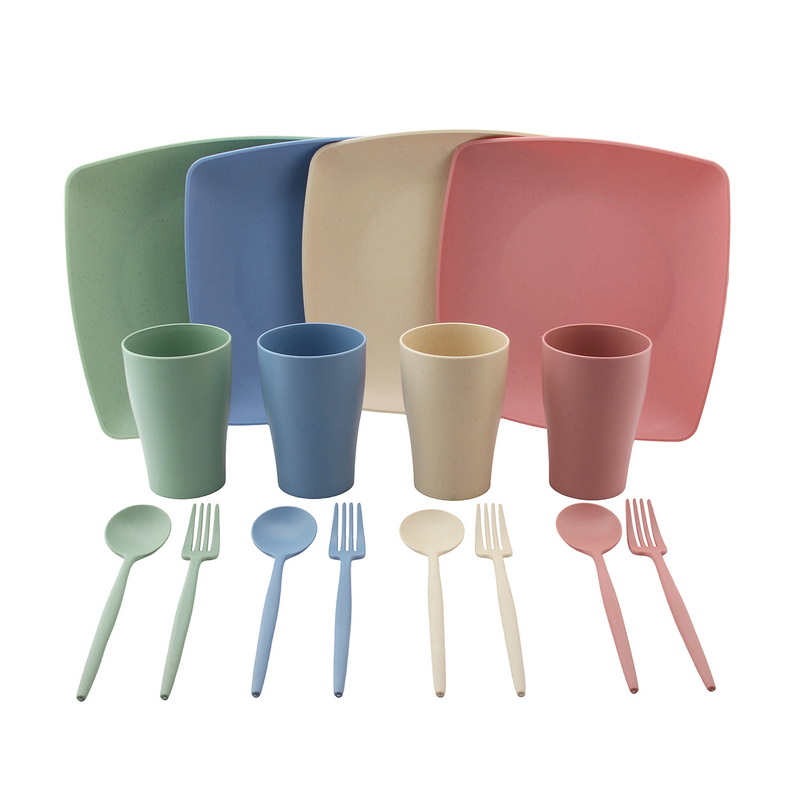CT-8206 Square Plates Cups Forks Spoons Wheat Straw Tableware Kit Camping Use