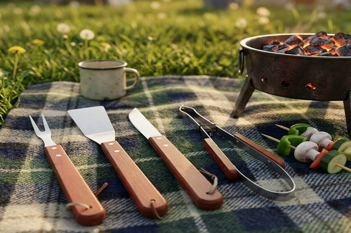 4-Piece Wooden Handle BBQ Tool Set – Complete Stainless Steel Grilling Kit for Patio & Outdoor Cooking